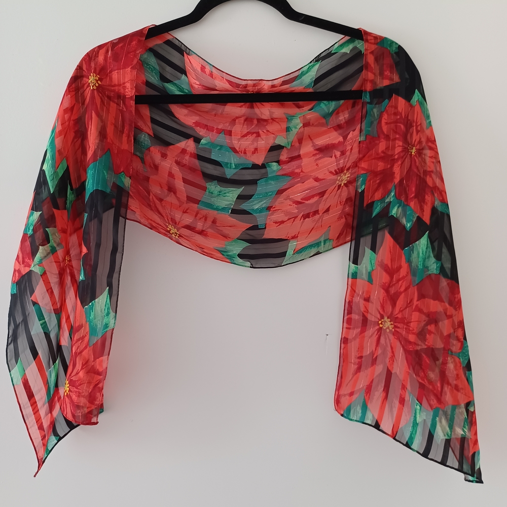 Sheer Floral Red Poinsettia Scarf